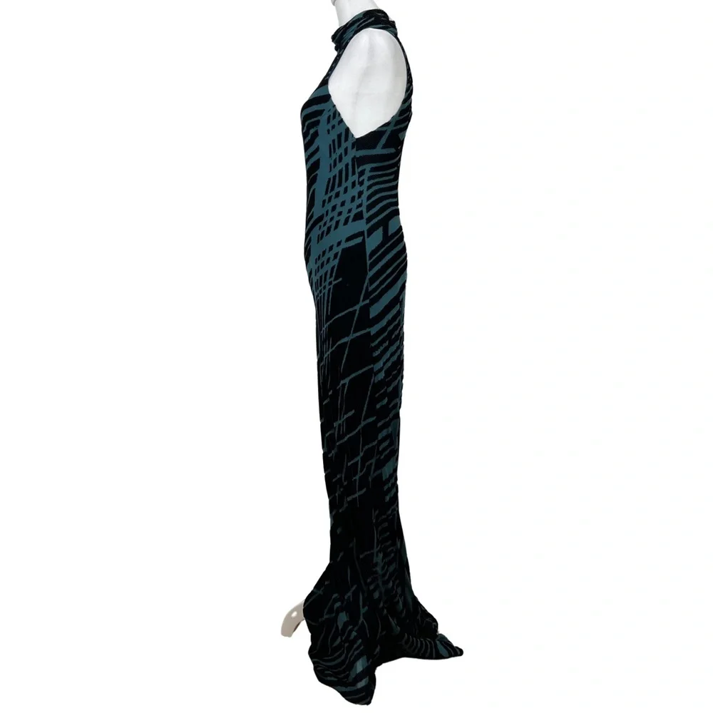 Andrea Polizzi for Rex Lester High Neck Velvet Silk Blend Teal Y2K Maxi Dress 8 - Picture 4 of 9